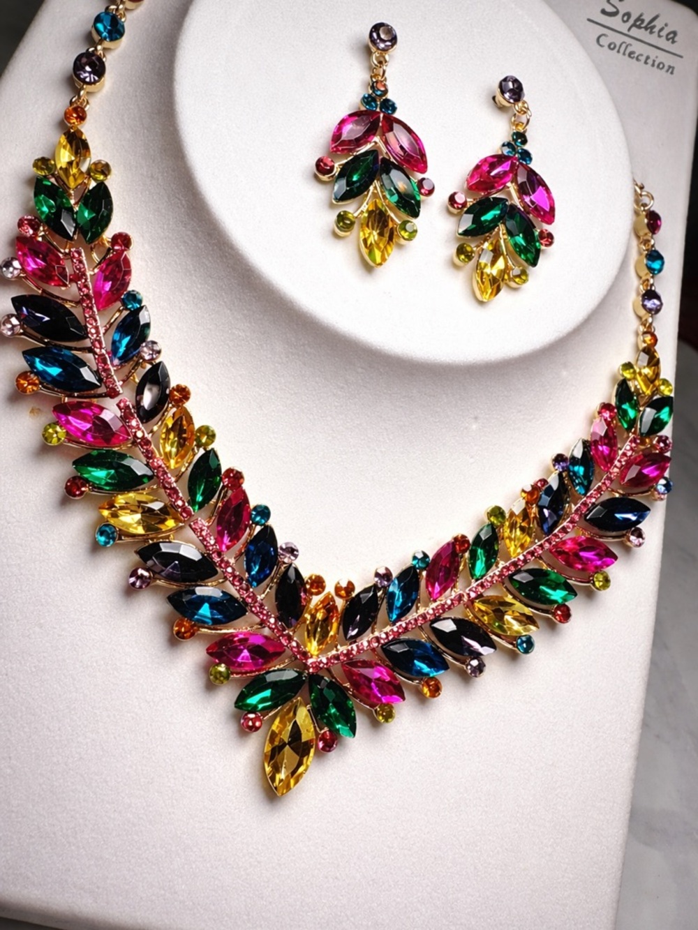 Multicolor Crystal Leaf Necklace & Earrings Set